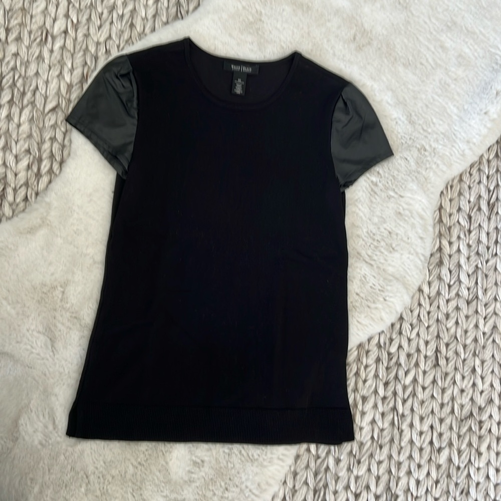 White House Black Market, black sweater with faux leather cap sleeves, size XS